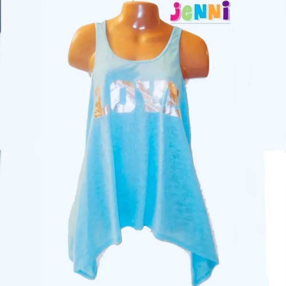 NWT JENNI Sz L Sleeveless Blue Silver Love Logo Univen Tank Top Racerback